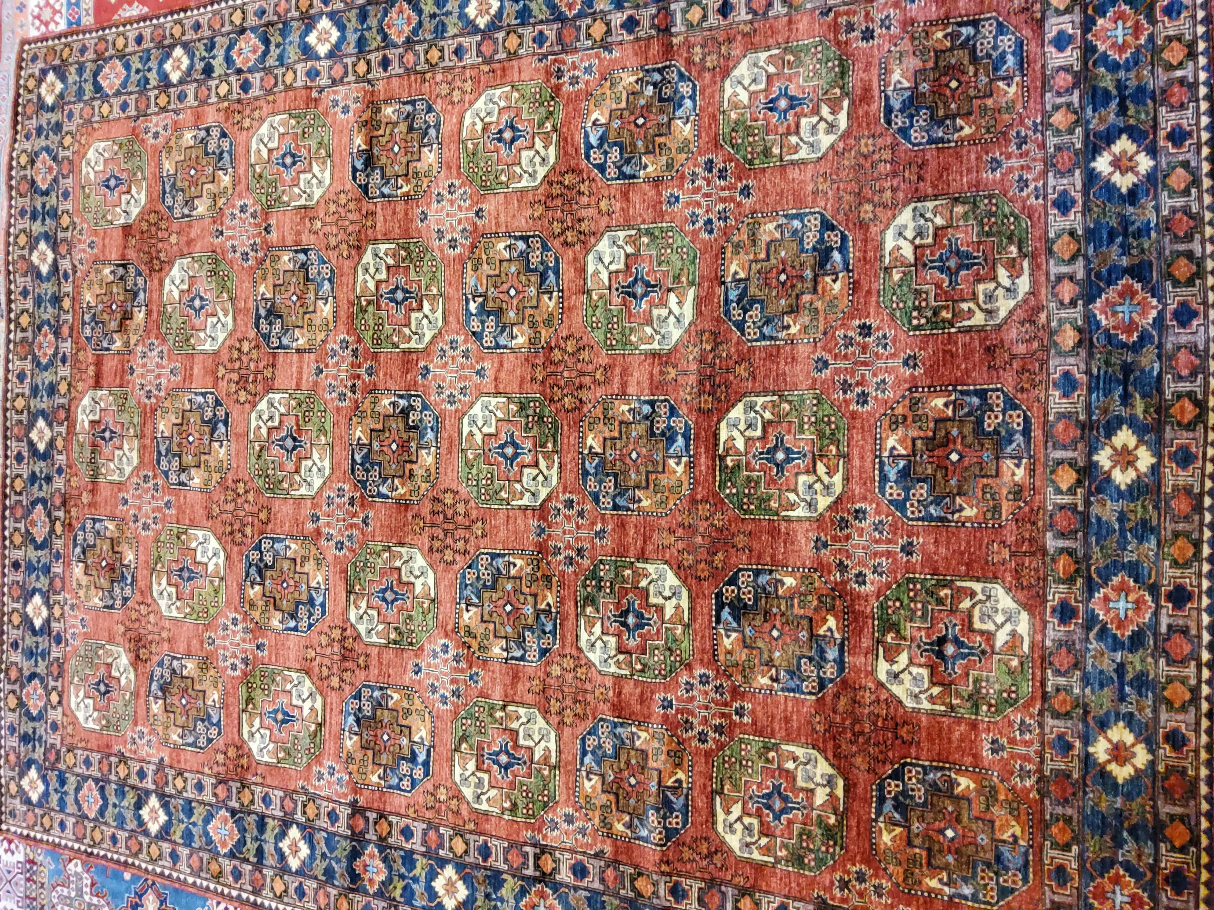 Afghan Turkaman , Afghanistan rug, 9' x 12', in rust, gold, light blue, light green, ivory - photo 1