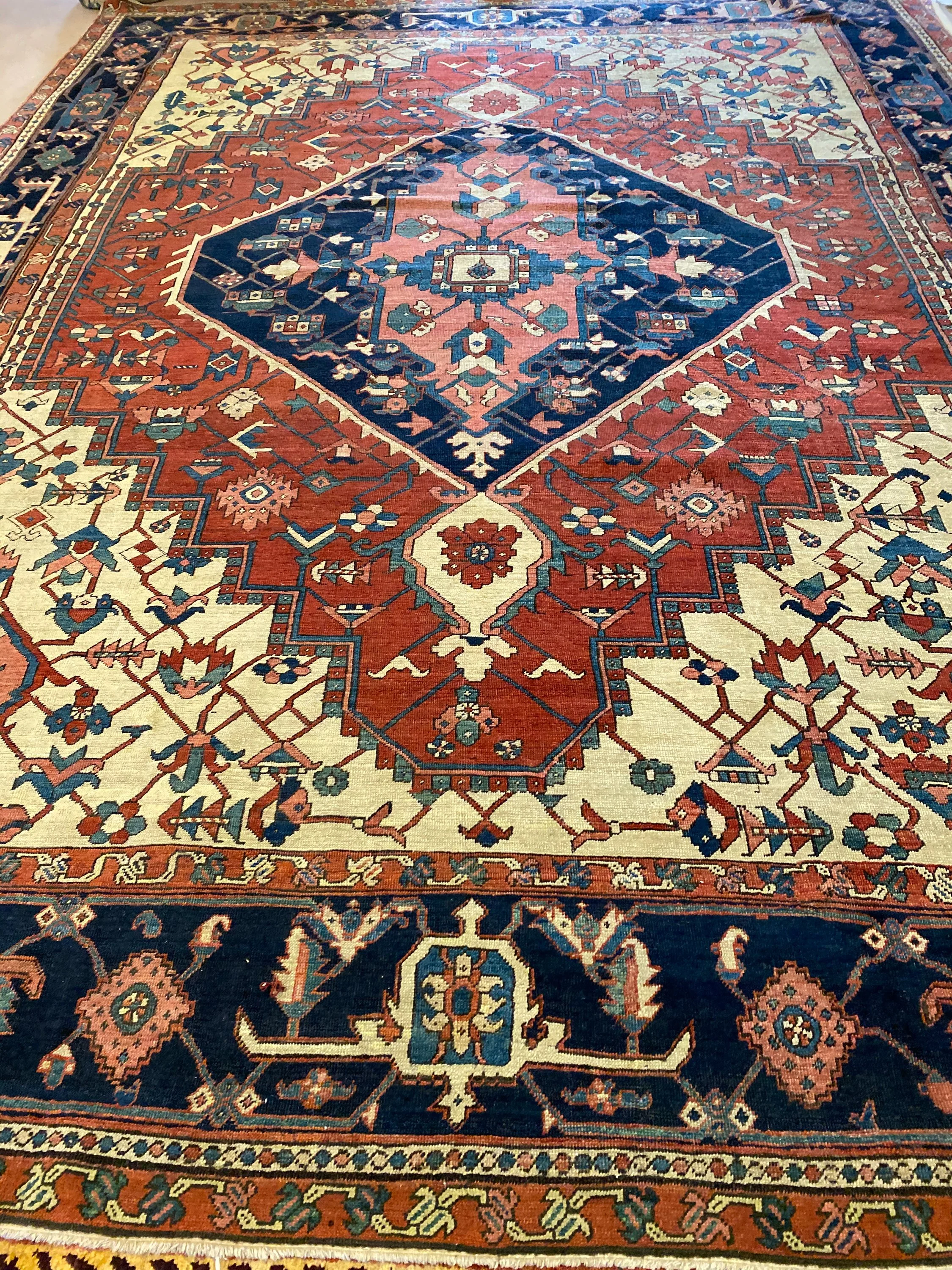Antique Persian Serapi rug - F-00204, Iran rug, 10' x 13'3", in navy, rust, ivory, red, light blue, green - photo 2