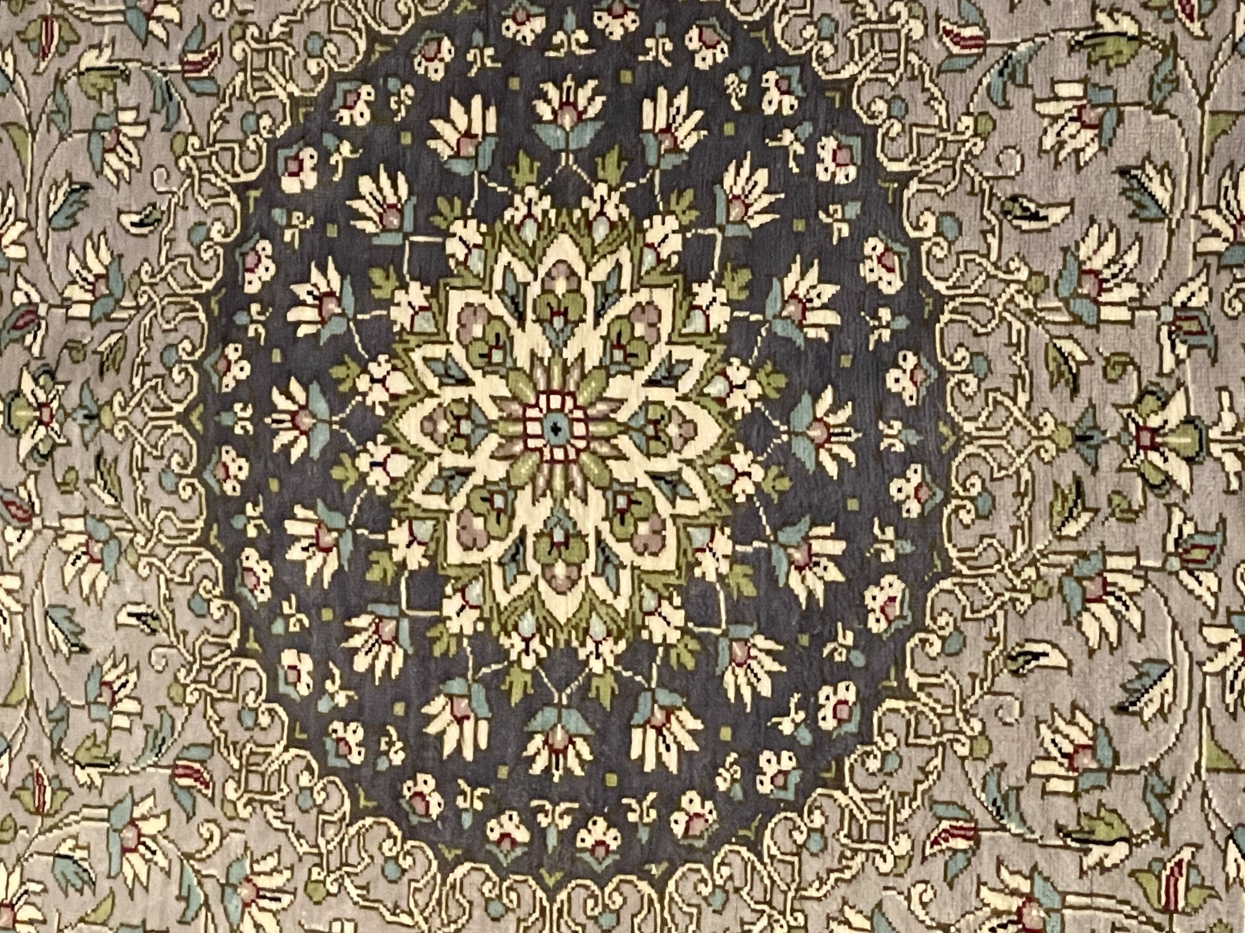 Persian Qum Silk Rug - F-251, Iran rug, 2'7" x 4'3", in light gray, gold, navy, light green, turquoise - photo 2
