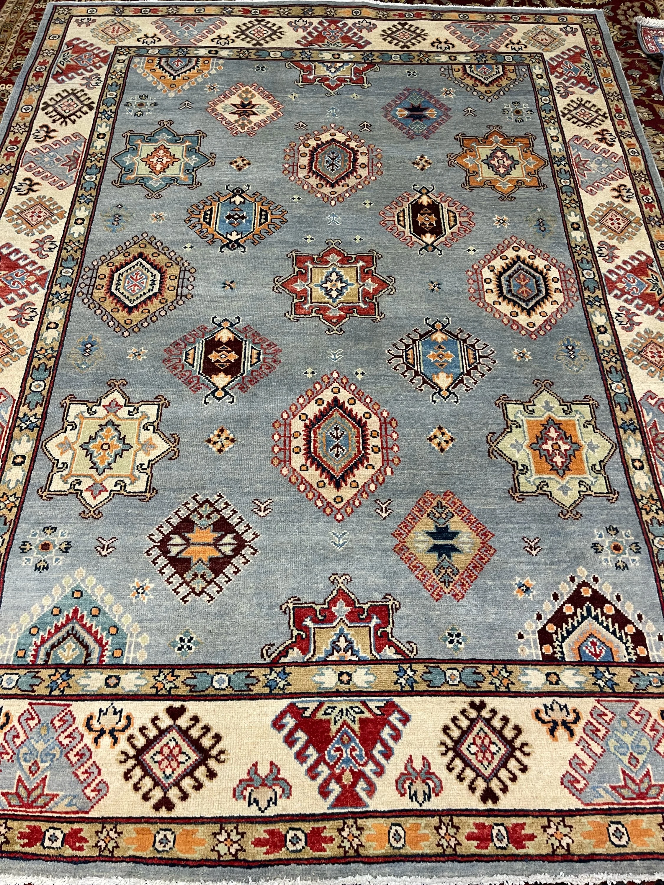 Kazak - F-2046, Afghanistan rug, 5'7" x 7'5", in ivory, light blue, light green, red, gold - photo 2