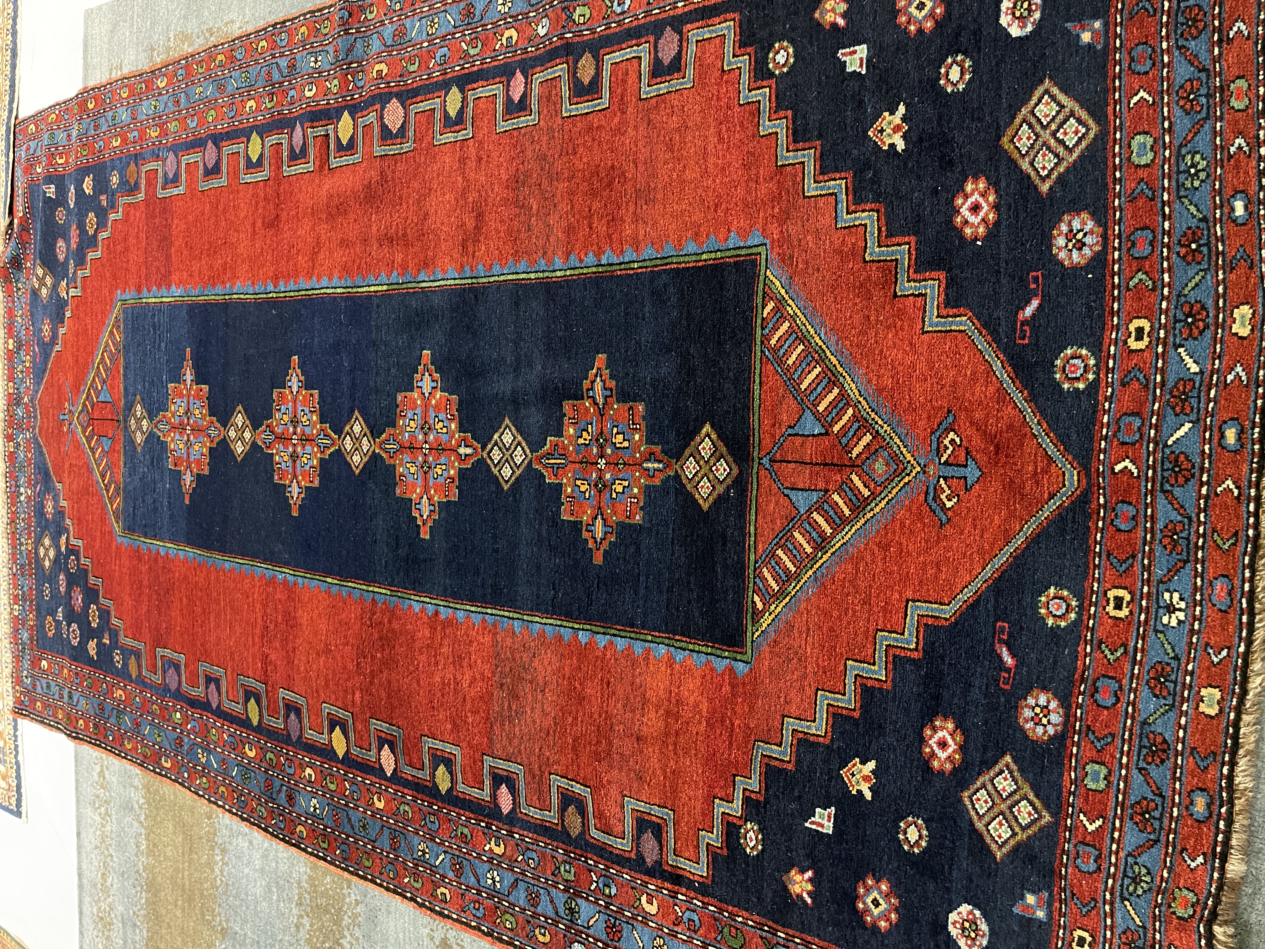 Antique Kazak F-2059, Kazakhstan rug, 5'6"x9'9", in deep red, burgundy, green, light blue, ivory, gold.. - photo 1