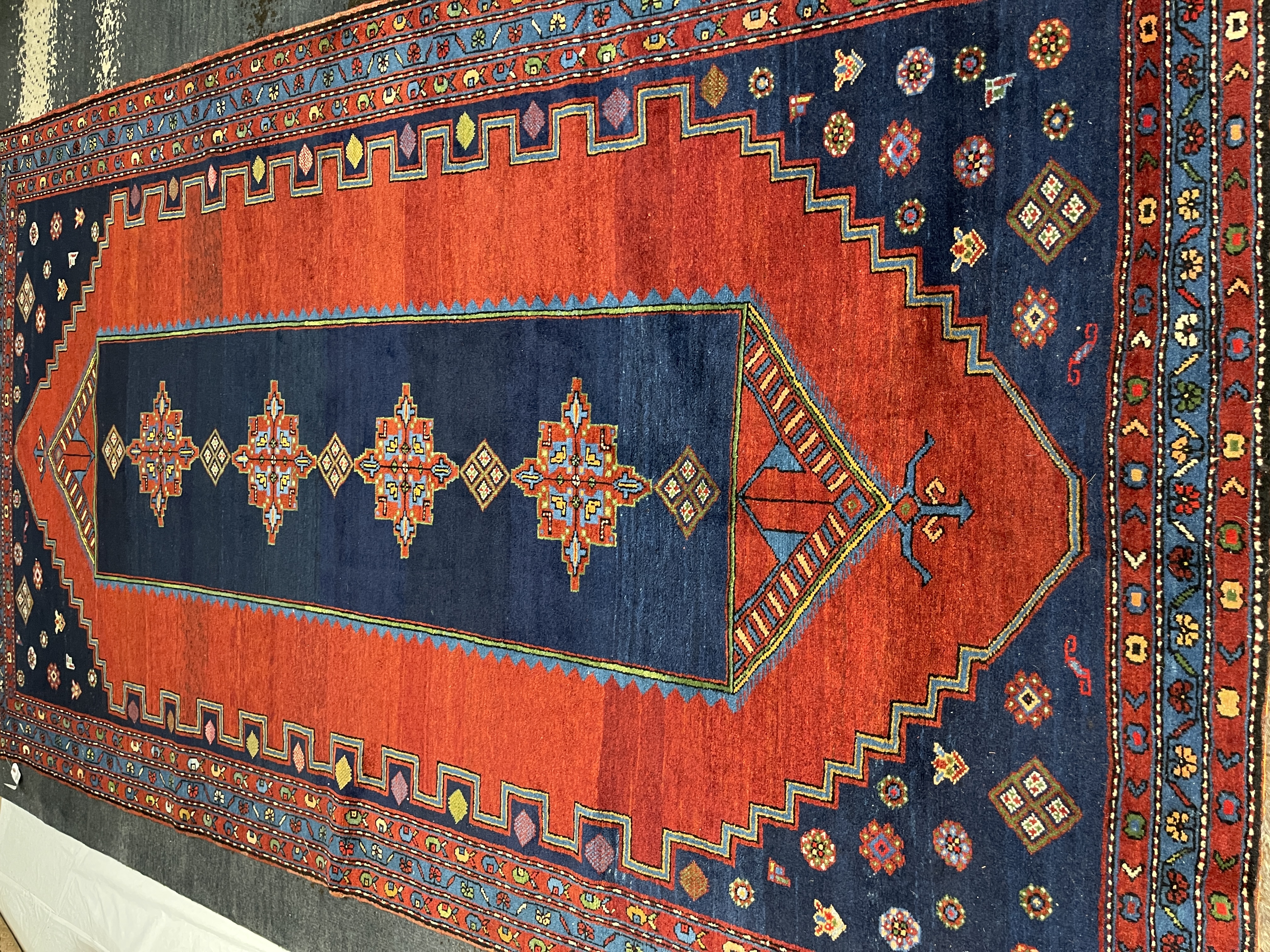 Antique Kazak F-2059, Kazakhstan rug, 5'6"x9'9", in deep red, burgundy, green, light blue, ivory, gold.. - photo 2