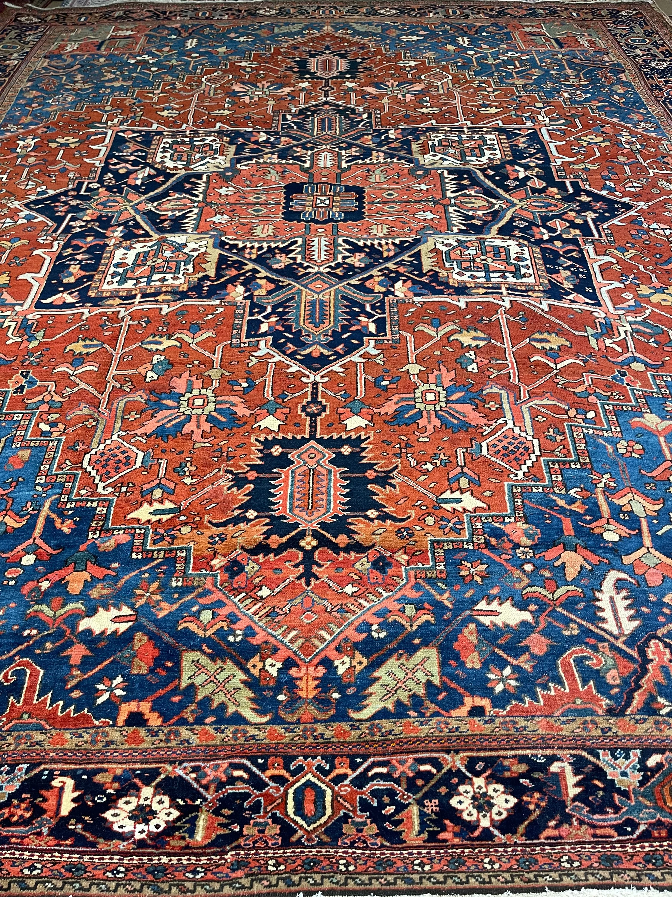 Antique Heriz F-916, Iran rug, 11'x12'10", in rust red, navy, light blue, light green, ivory, salmon.. - photo 1