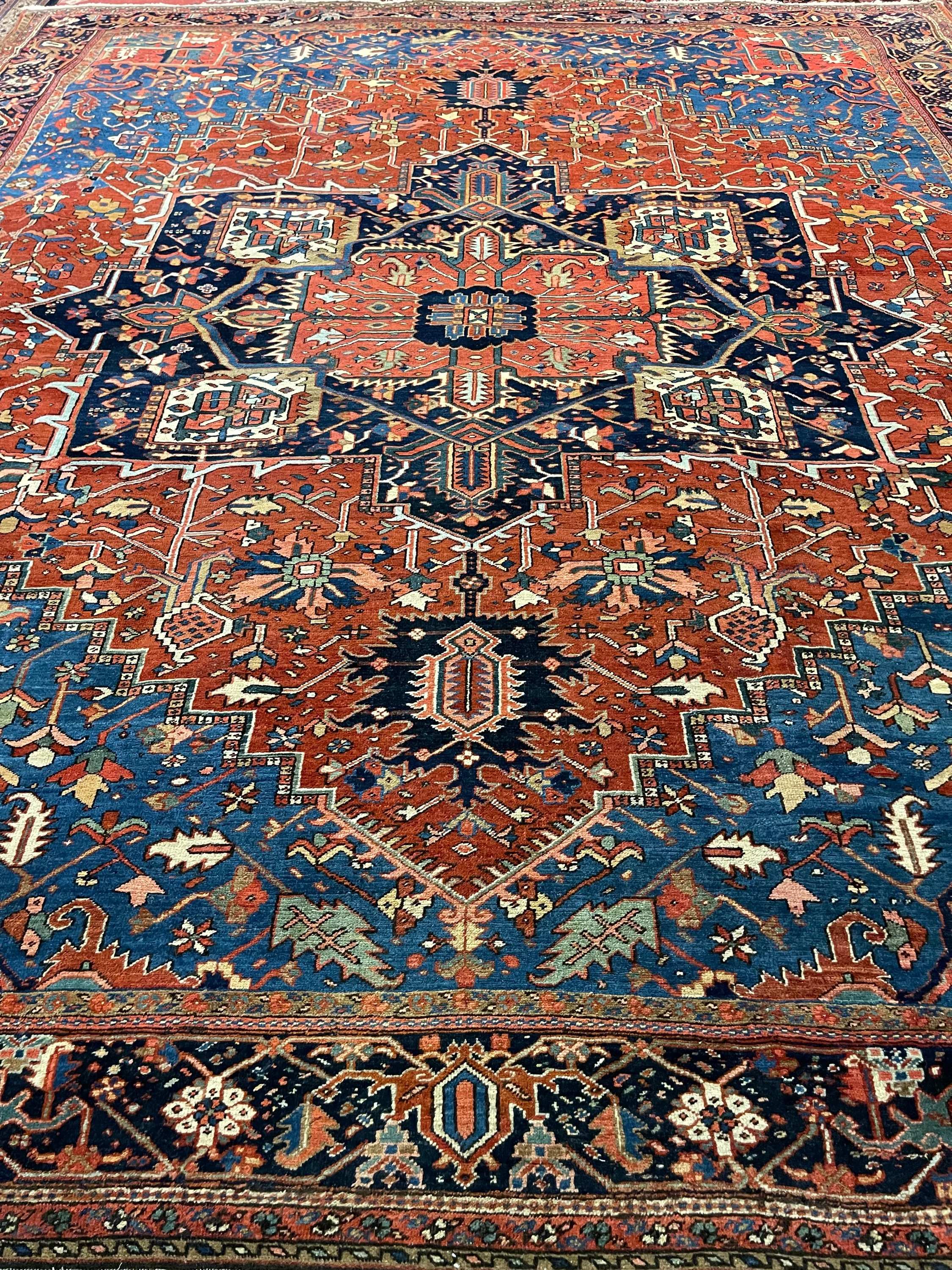 Antique Heriz F-916, Iran rug, 11'x12'10", in rust red, navy, light blue, light green, ivory, salmon.. - photo 2