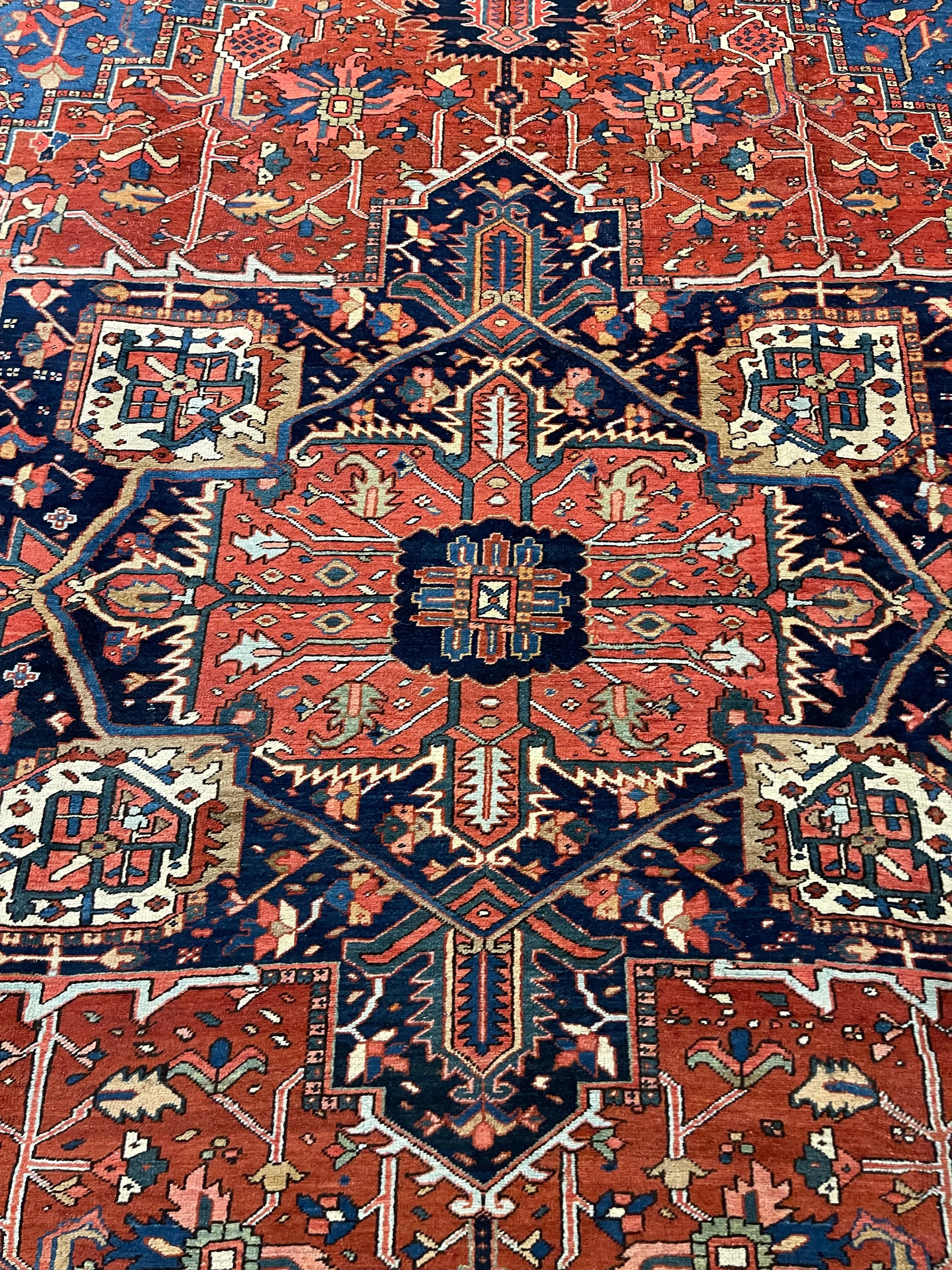 Antique Heriz F-916, Iran rug, 11'x12'10", in rust red, navy, light blue, light green, ivory, salmon.. - photo 3