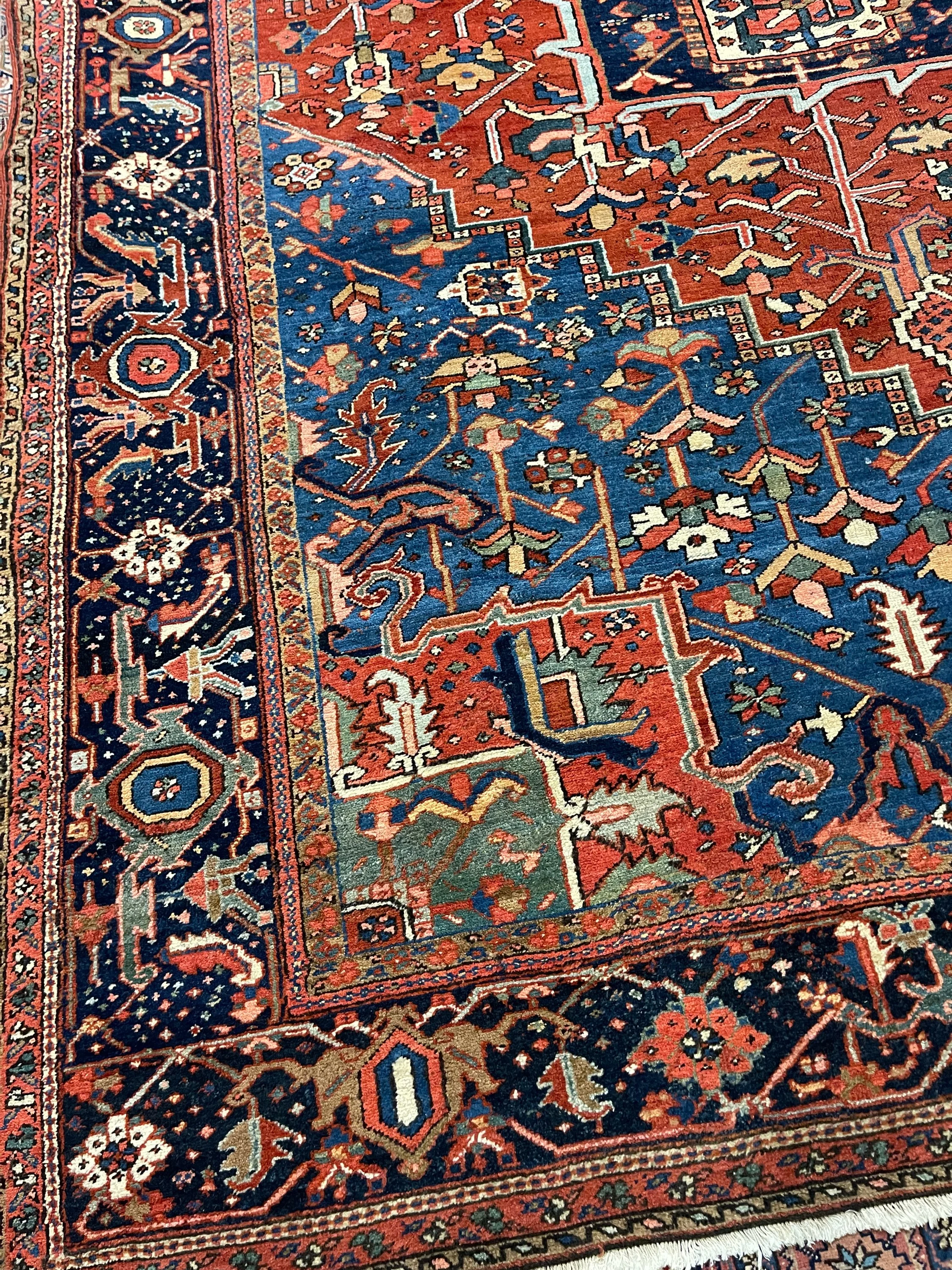 Antique Heriz F-916, Iran rug, 11'x12'10", in rust red, navy, light blue, light green, ivory, salmon.. - photo 4