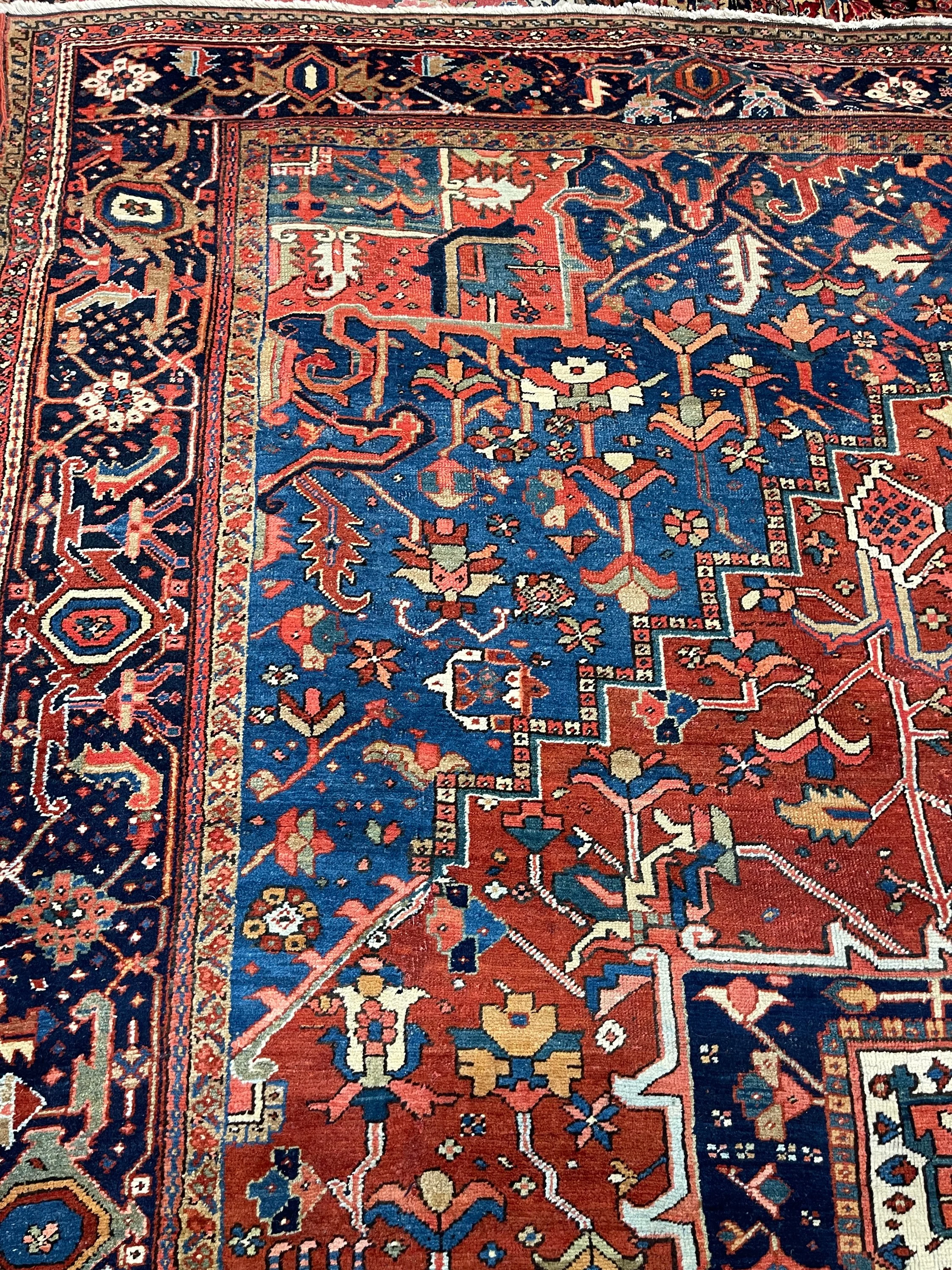 Antique Heriz F-916, Iran rug, 11'x12'10", in rust red, navy, light blue, light green, ivory, salmon.. - photo 5