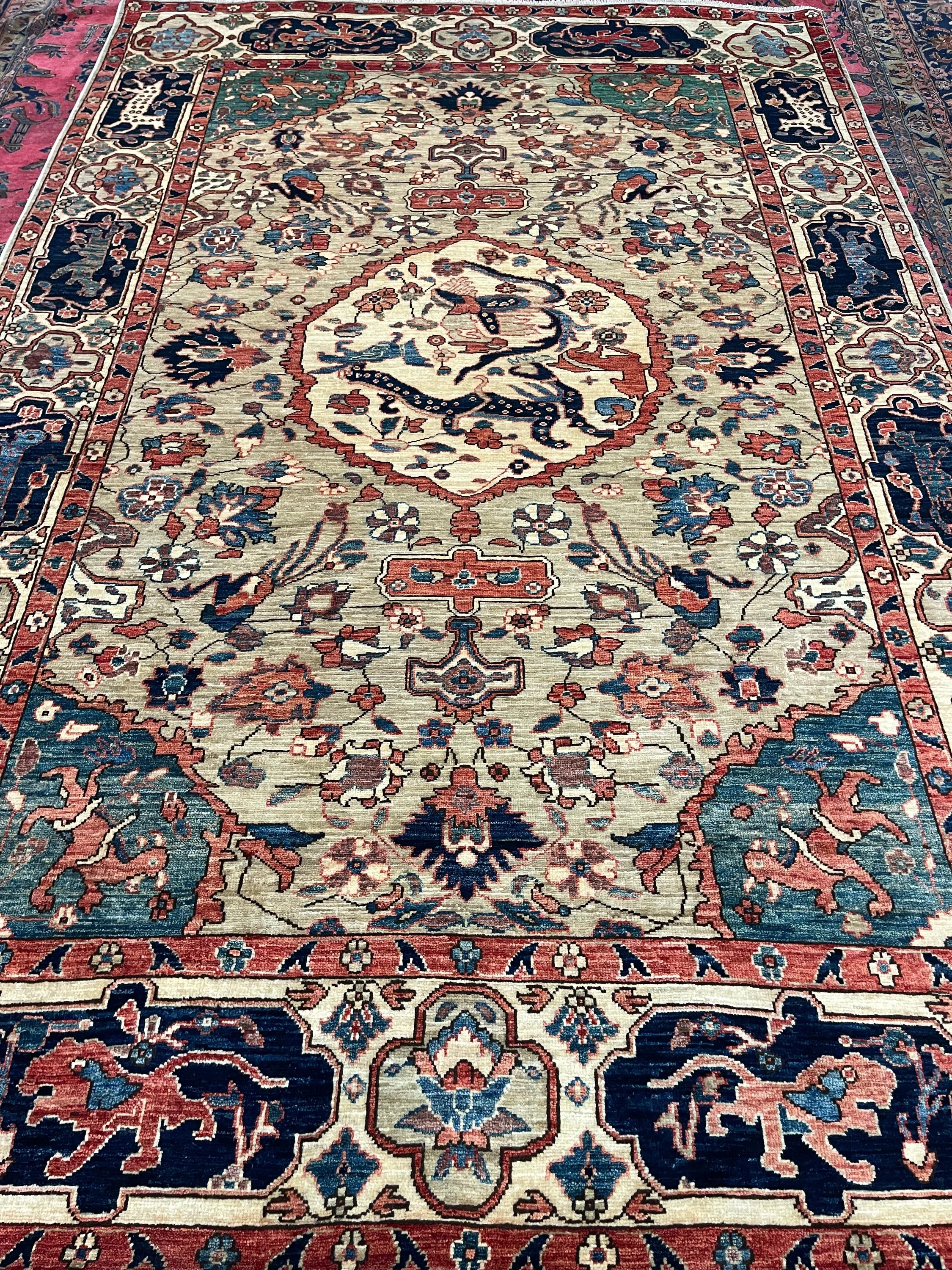 Aryana rug F-2033, Afghanistan rug, 6'x9', in light brown, navy, ivory, green, rust, .. - photo 1