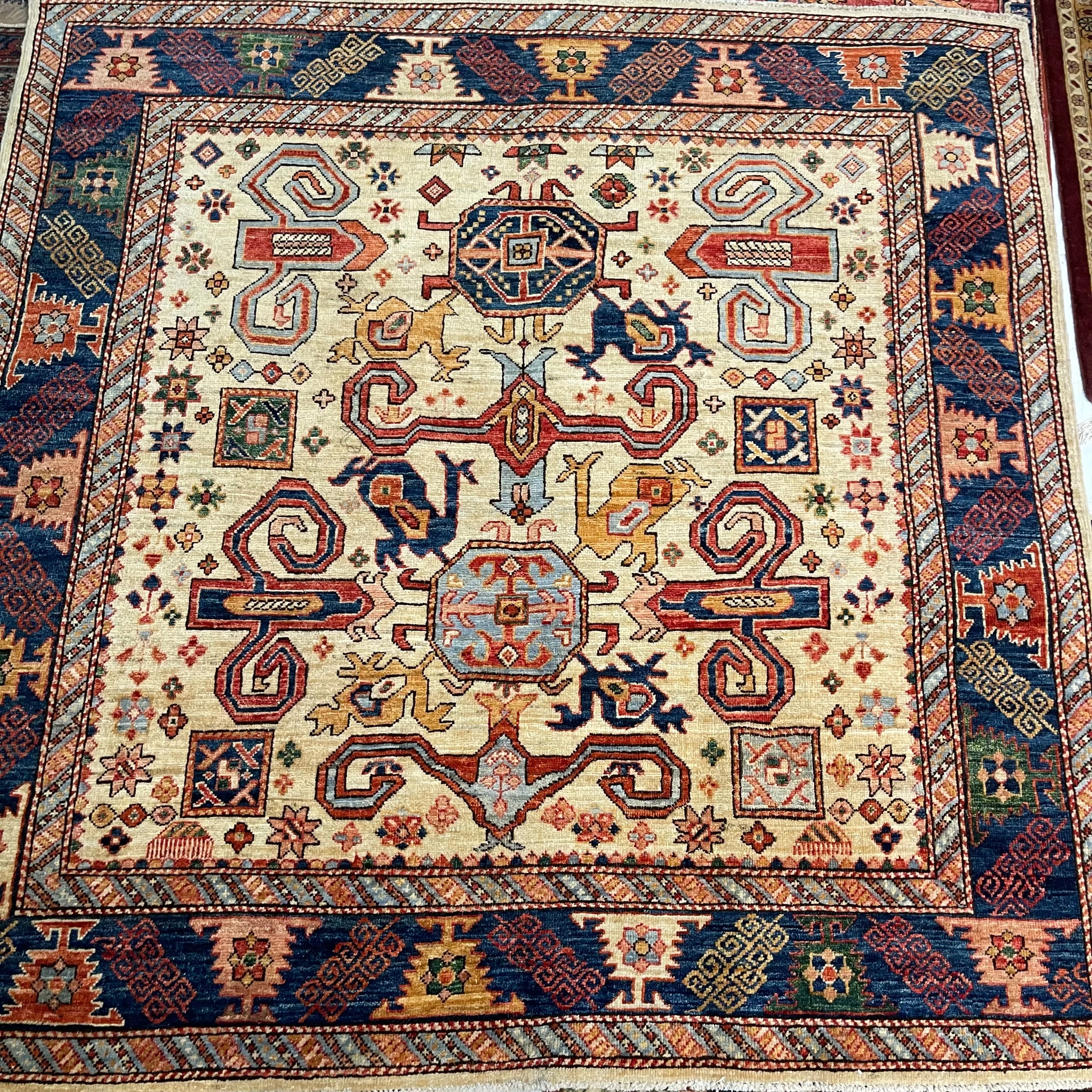 Aryana Afgani rug F-2031, Afghanistan rug, 5'x5', in ivory, rust, navy, light blue, light green, gold.. - photo 1