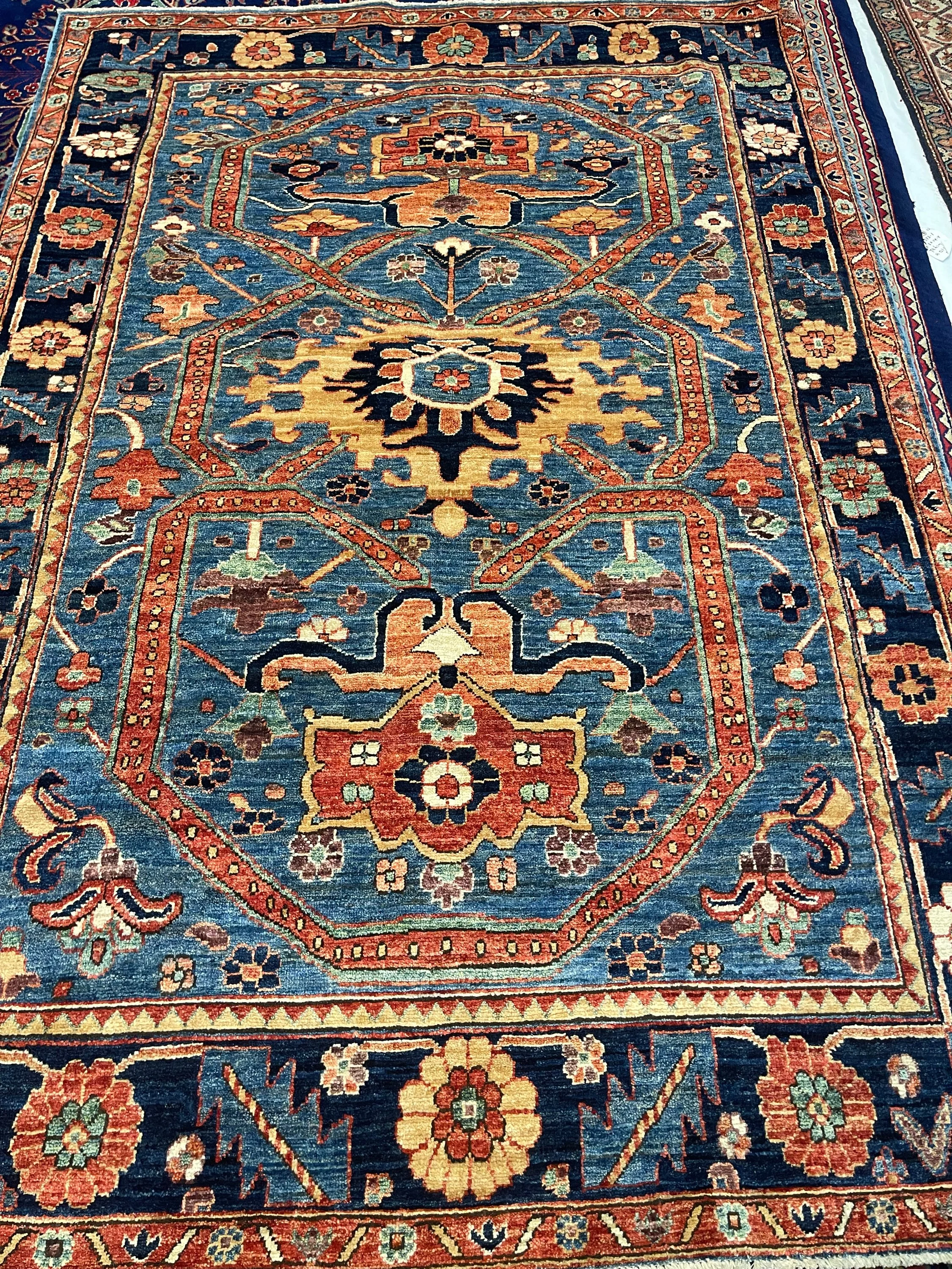 Aryana Afghan rug F-2046, Afghanistan rug, 4'11"x7'1", in light blue, ivory, navy, ivory, gold.. - photo 1
