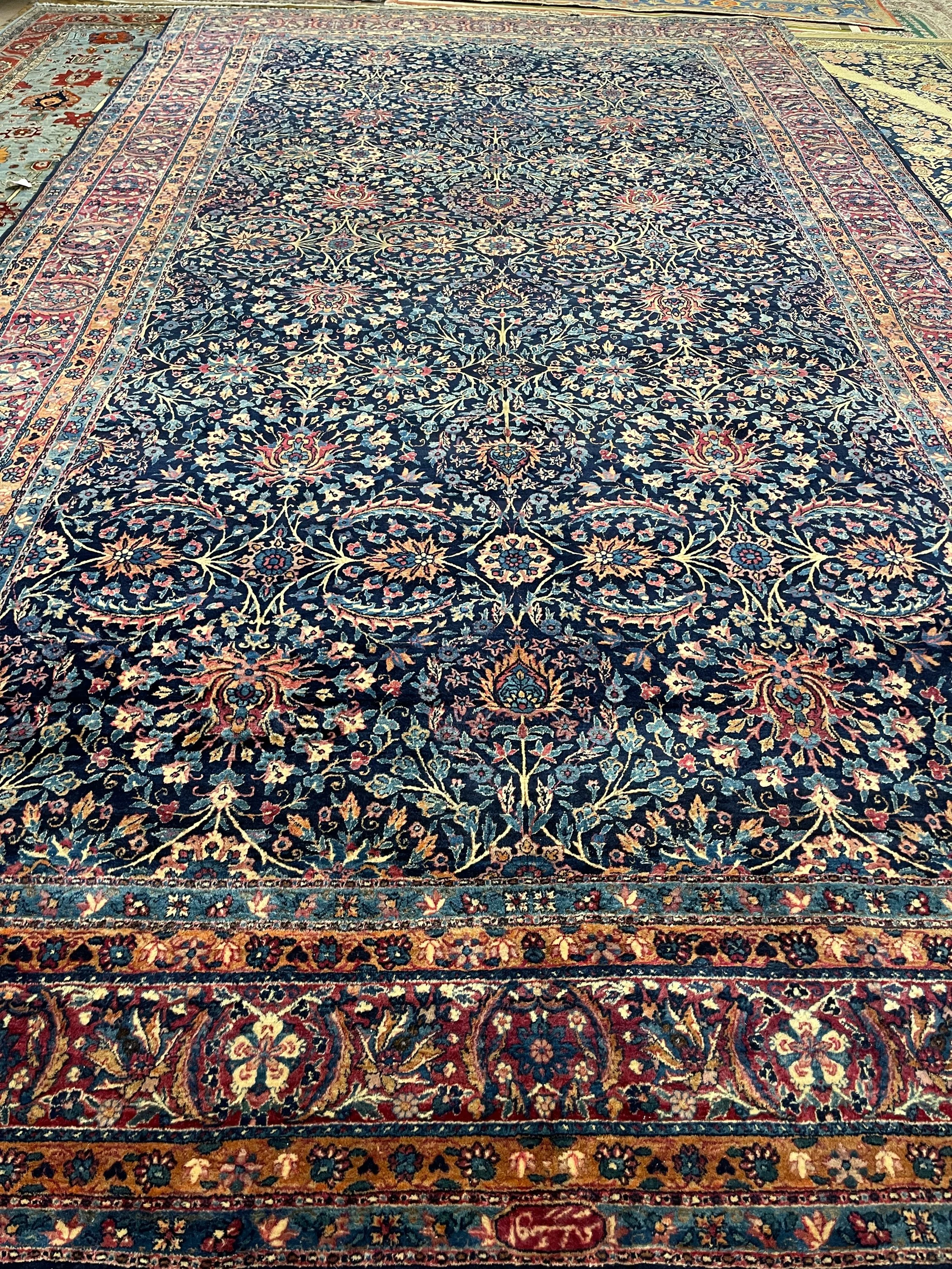 Antique Persian Kerman F-1114, Iran rug, 9'8"x17'4", in navy, rose, light blue, green, ivory, gold... - photo 1