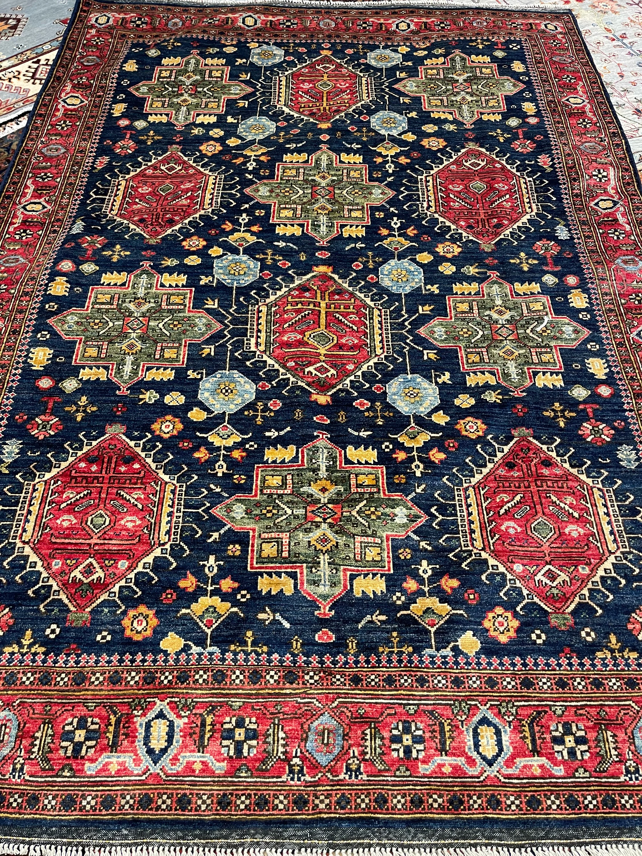 Aryana Afghan rug F-2029, Afghanistan rug, 5'9"x8'8", in navy, red, green, light blue, gold, ivory... - photo 2
