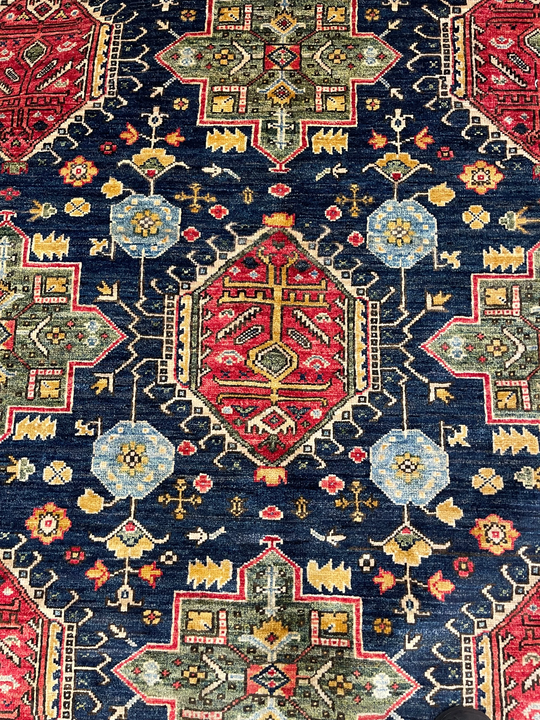 Aryana Afghan rug F-2029, Afghanistan rug, 5'9"x8'8", in navy, red, green, light blue, gold, ivory... - photo 3