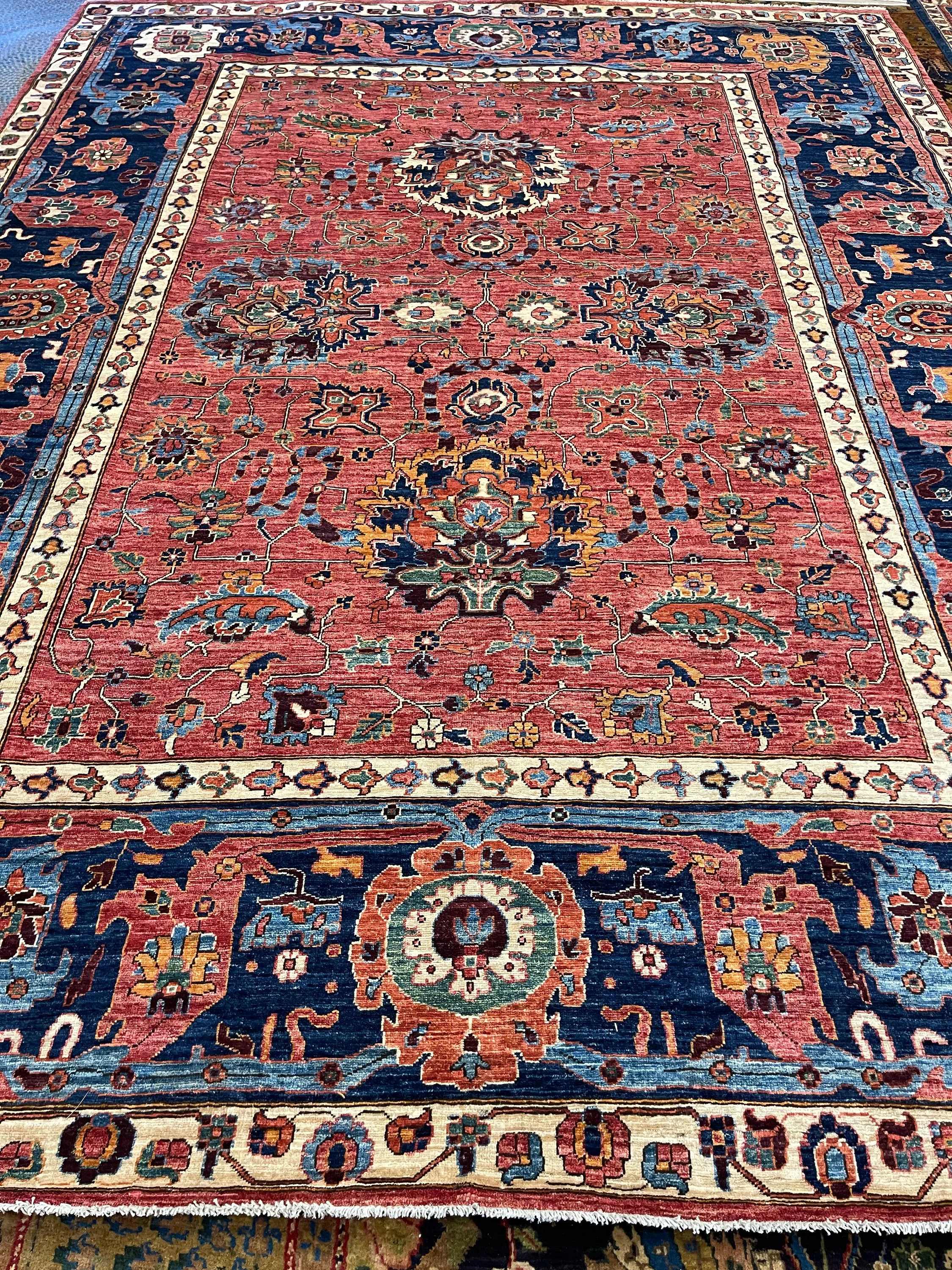 Aryana Afghan rug F-1202, Afghanistan rug, 9'x11'10", in red, navy, ivory, gold, green, light blue, light brown - photo 1