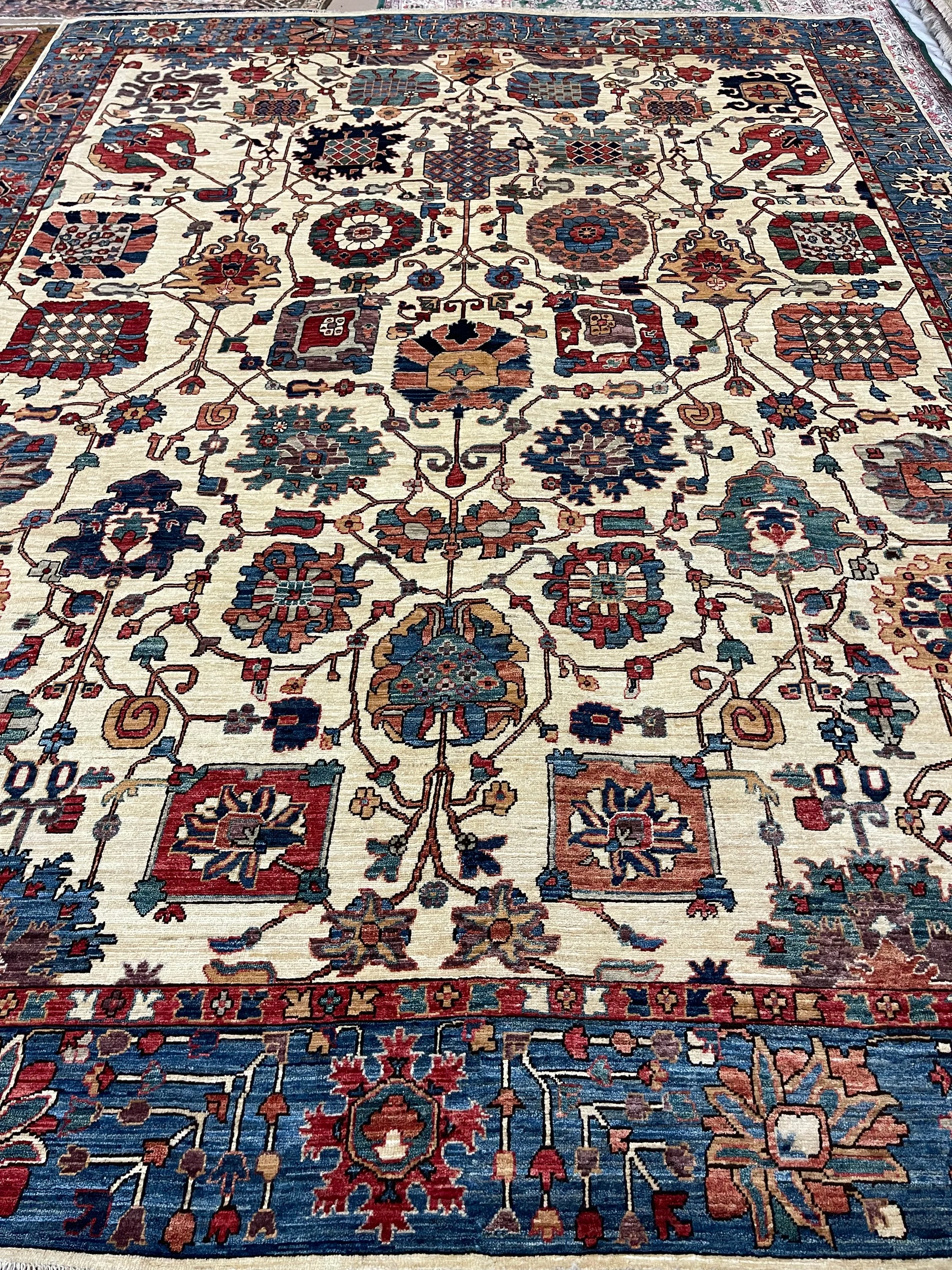 Aryana Afghan rug F-1247, Afghanistan rug, 8'10"x11'11", in ivory, deep red, light blue, green, gold, light, brown.. - photo 1