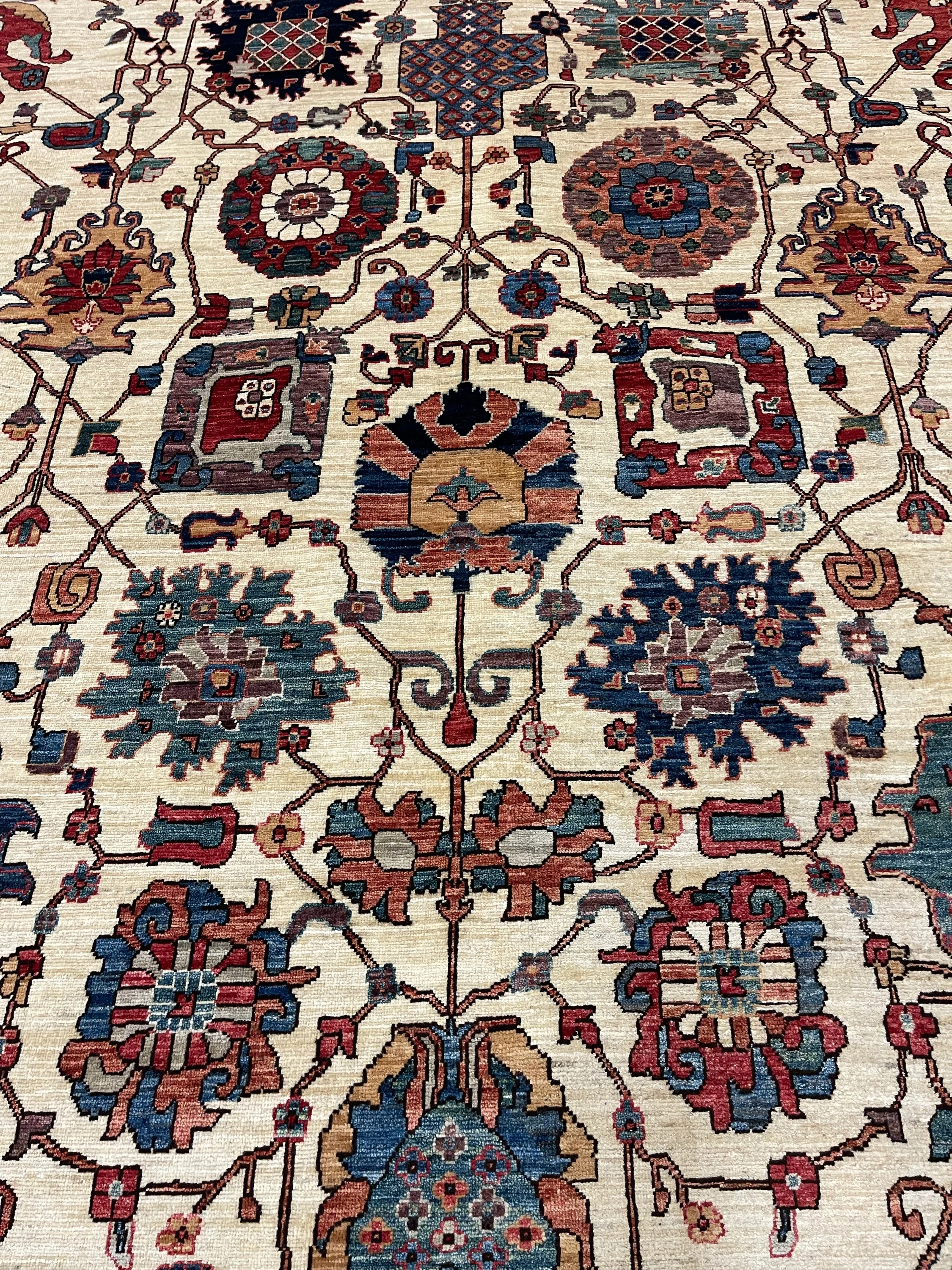 Aryana Afghan rug F-1247, Afghanistan rug, 8'10"x11'11", in ivory, deep red, light blue, green, gold, light, brown.. - photo 2