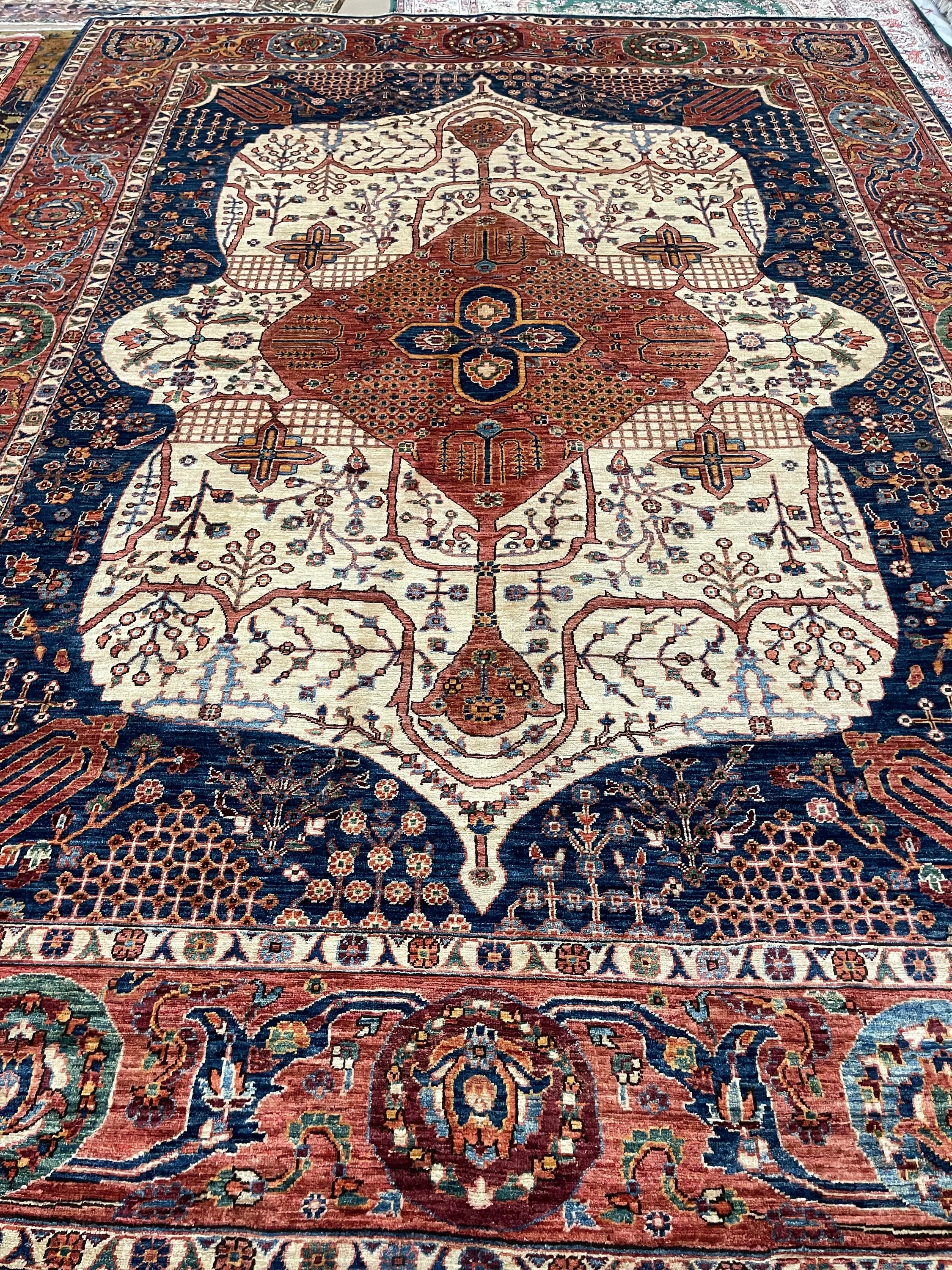 Aryana Afghan rug F-1203, Afghanistan rug, 8'8"x11'10", in ivory, rust, navy, light blue, light green, gold, deep red.. - photo 1