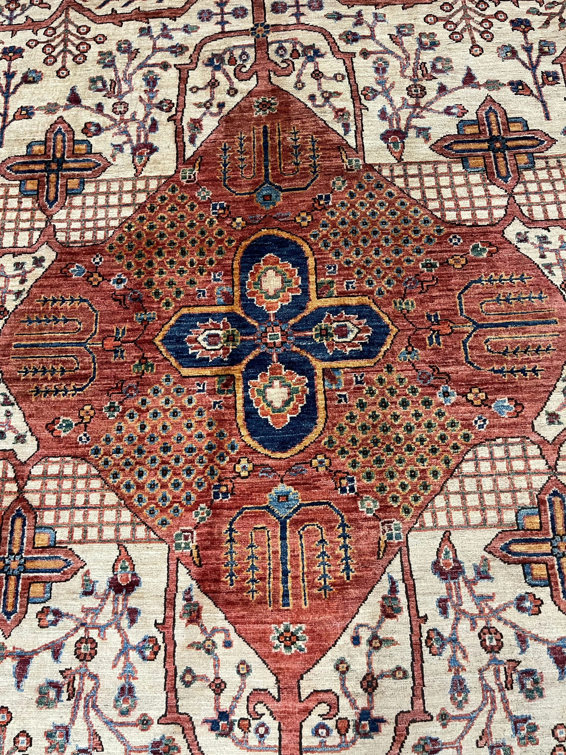 Aryana Afghan rug F-1203, Afghanistan rug, 8'8"x11'10", in ivory, rust, navy, light blue, light green, gold, deep red.. - photo 2