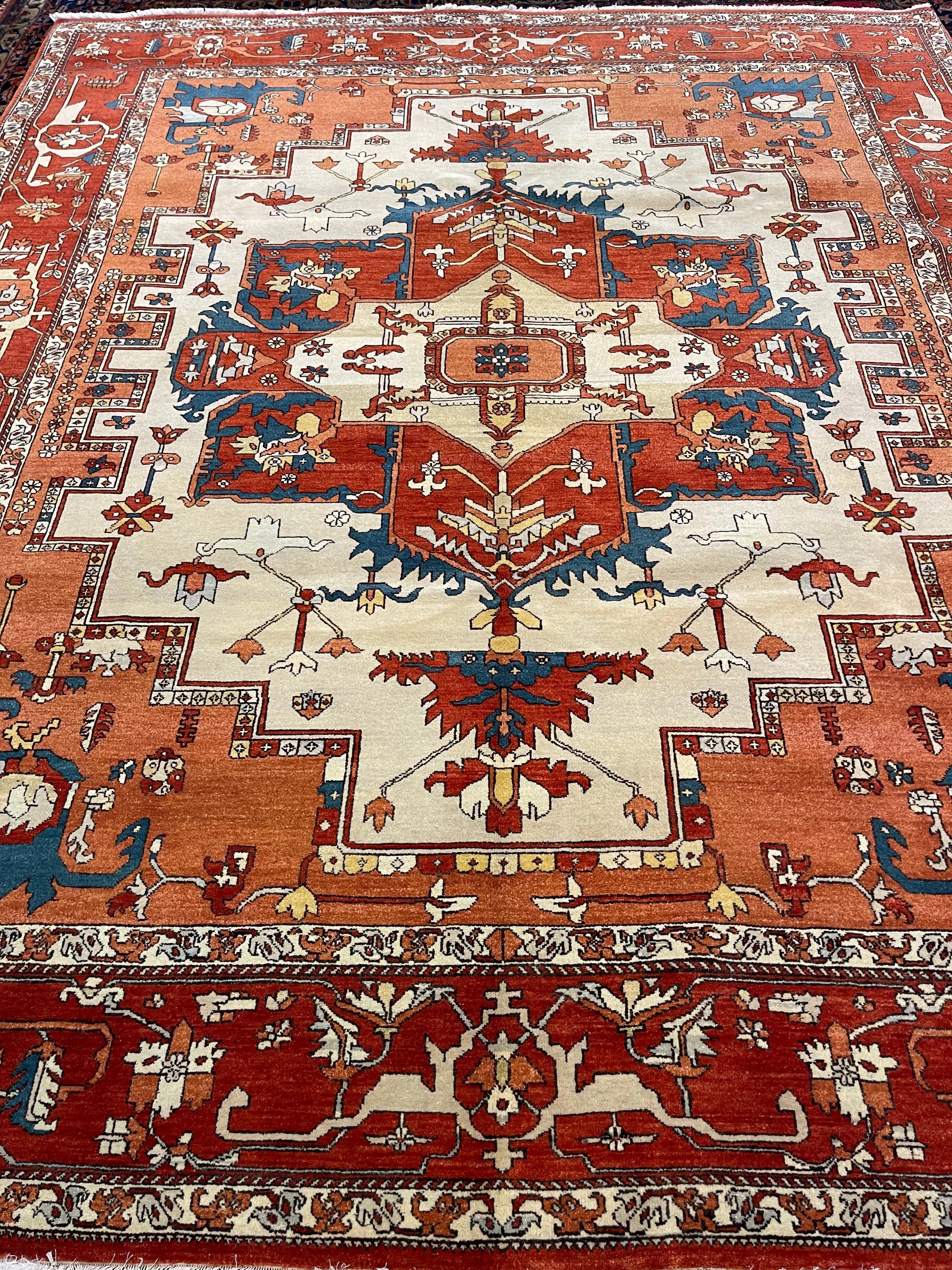 Serapi F-2032, Iran rug, 8'x9'8", in ivory, deep red, salmon, green, gold, white.. - photo 1
