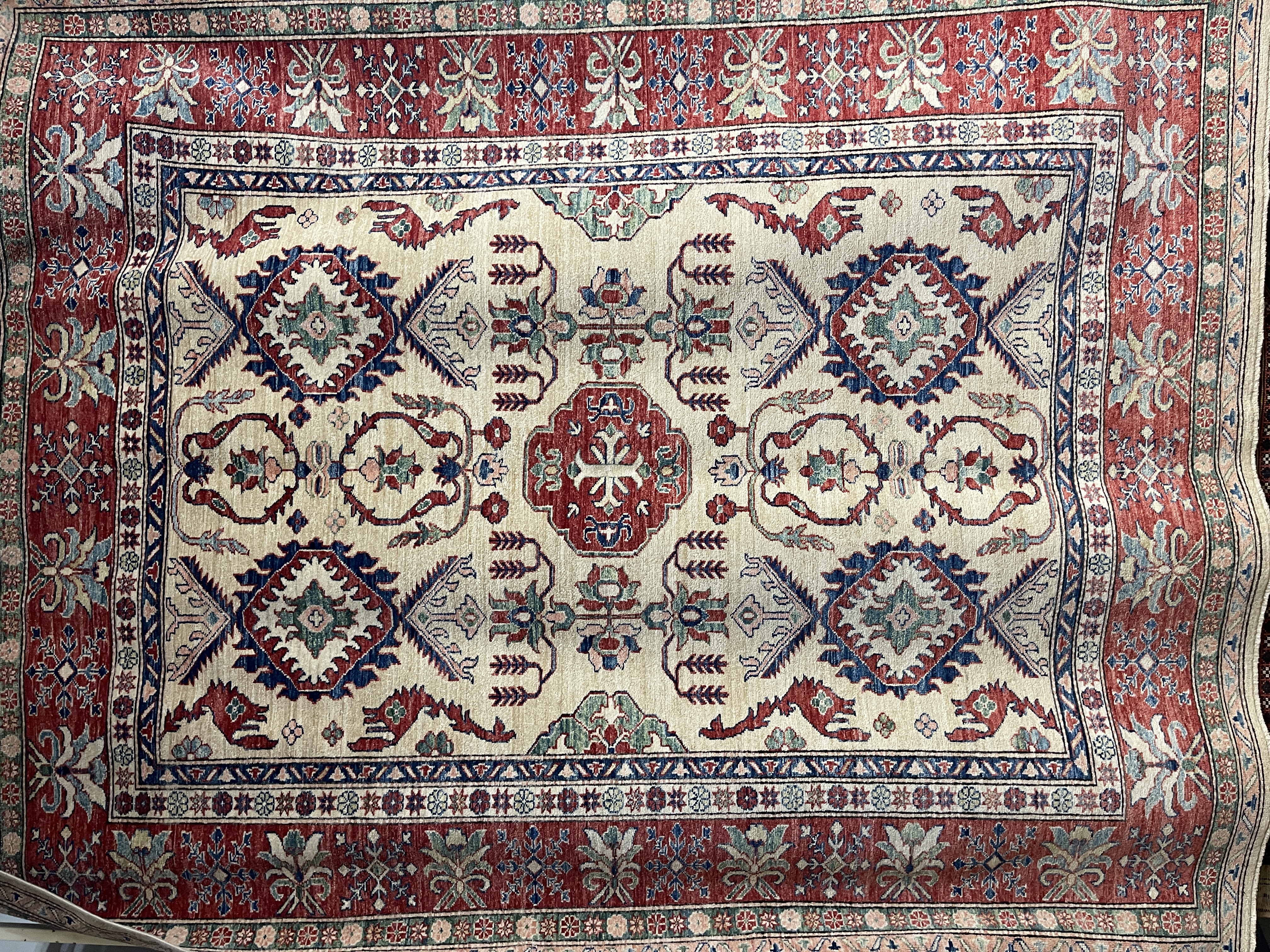 Super kazak F-626, Afghanistan rug, 6'8"x8'1", in ivory, red, light green, light blue, deep red.. - photo 1