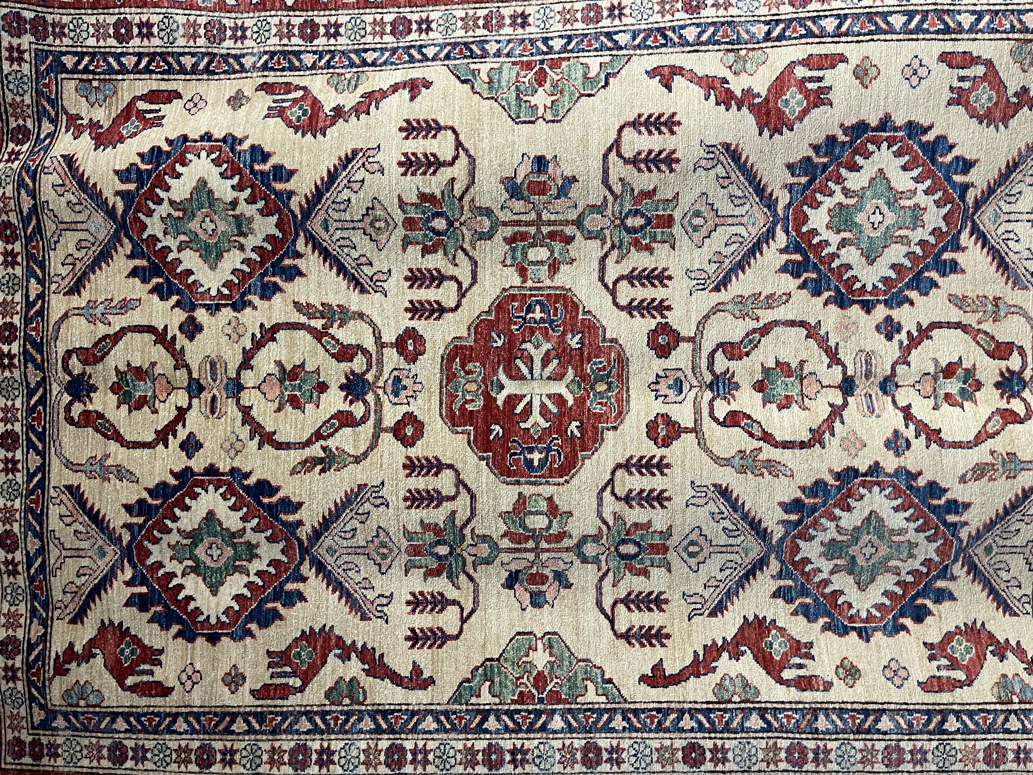 Super kazak F-626, Afghanistan rug, 6'8"x8'1", in ivory, red, light green, light blue, deep red.. - photo 2
