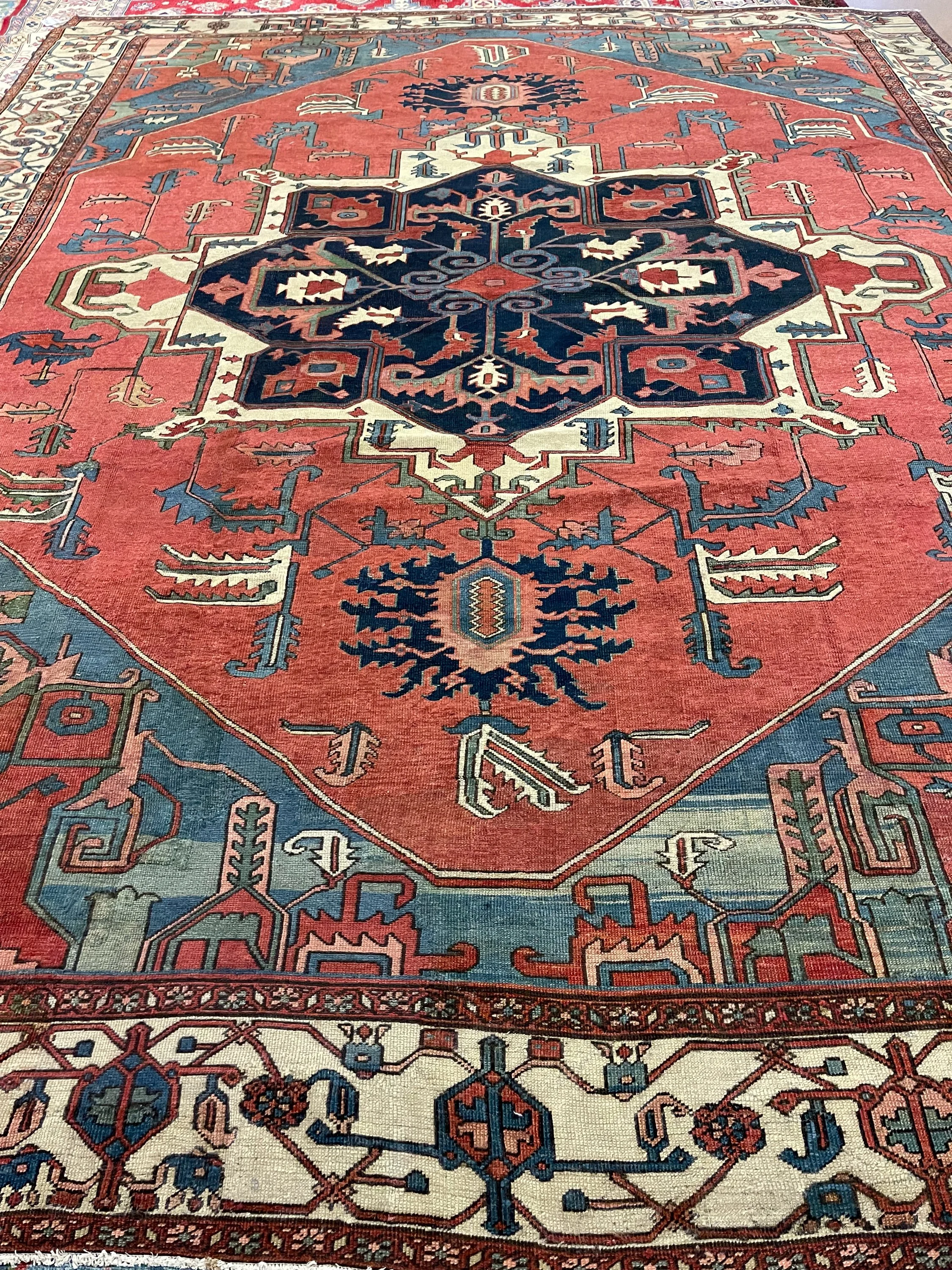 Antique Persian Serapi Rug F-884, Persian rug, 10'4"x14'2", in tomatoes red, ivory, navy, light blue, green.. - photo 1