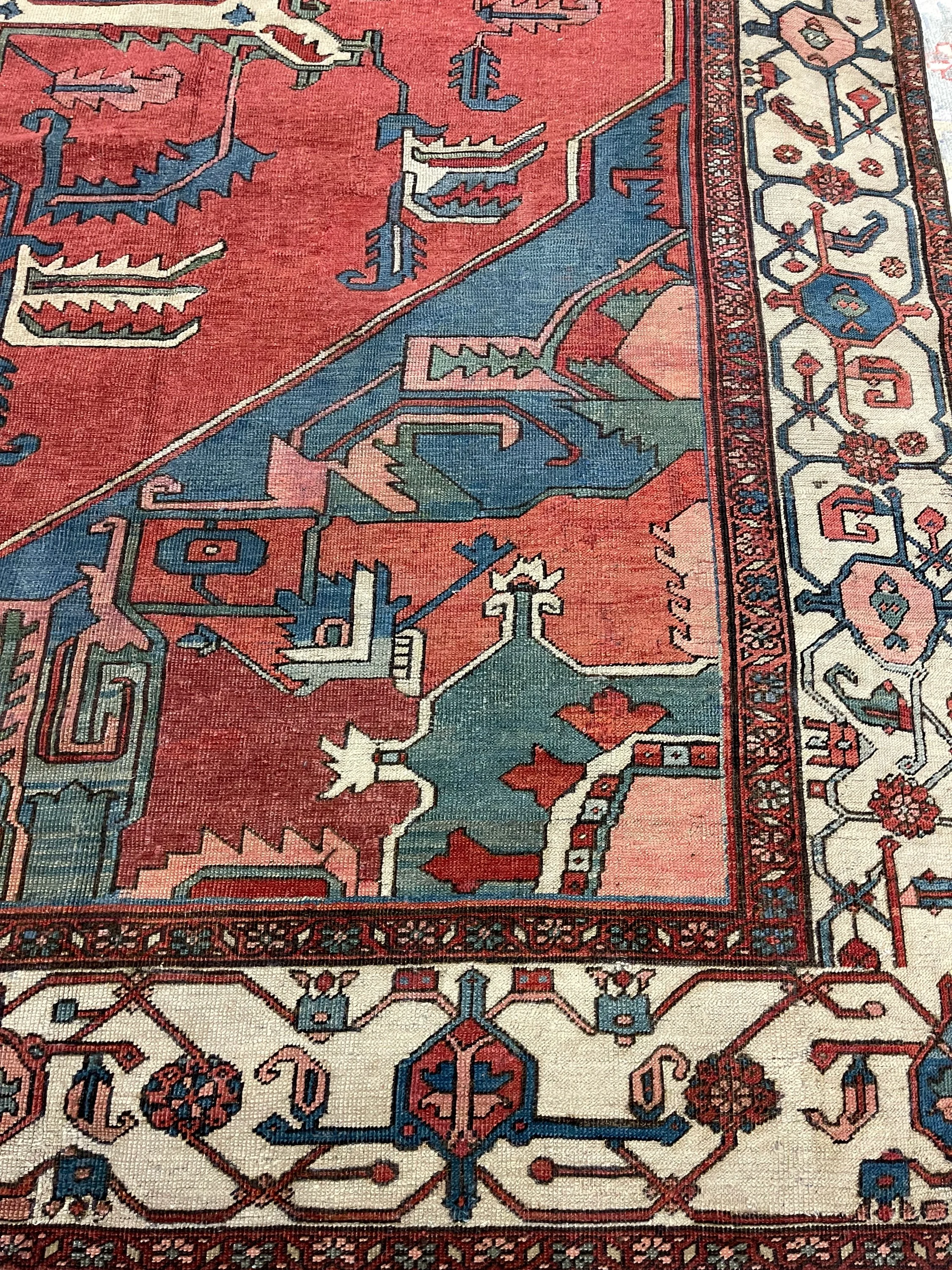 Antique Persian Serapi Rug F-884, Persian rug, 10'4"x14'2", in tomatoes red, ivory, navy, light blue, green.. - photo 3