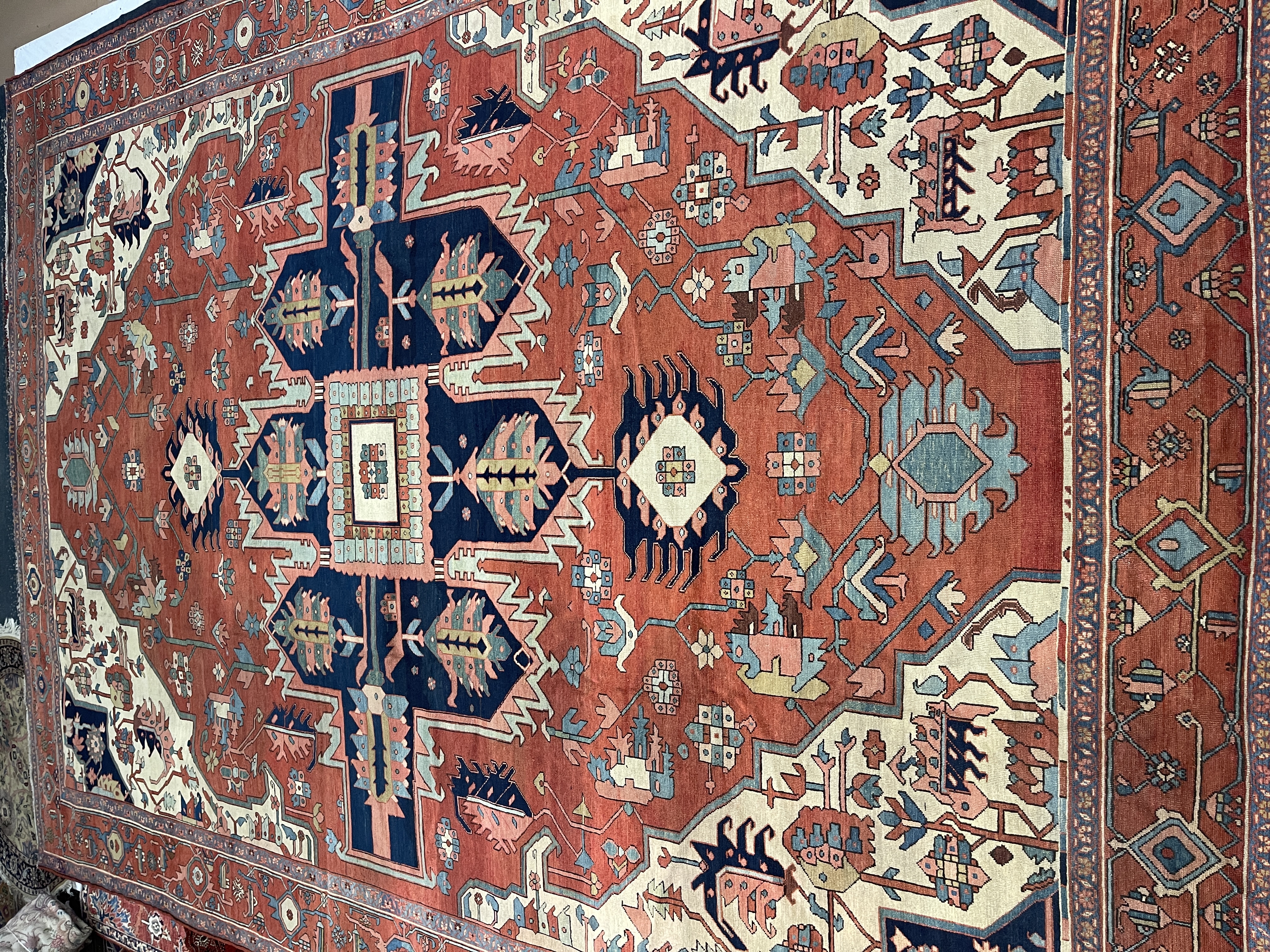 Antique Persian Serapi F-2056, Persian rug, 11'4"x15'7", in rust, navy brown, light blue, light green, rose, salmon.. - photo 1