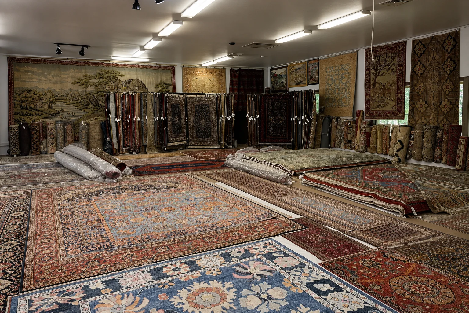 Level, wide view of rugs displayed throughout the Woodbury gallery